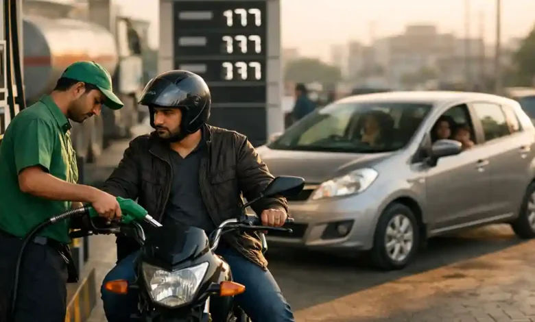 Motorcyclist refueling at a petrol station in Pakistan while a family car waits nearby, showing the daily impact of rising fuel prices.