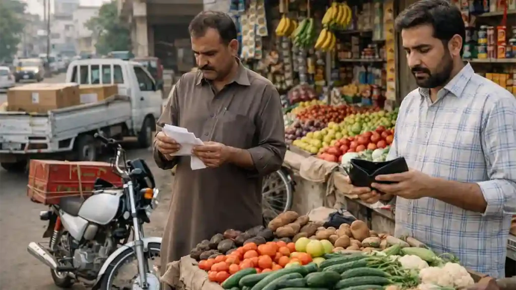Shopkeeper checking receipts beside a vegetable stall in Pakistan while a customer holds a wallet and a delivery motorcycle is parked nearby.