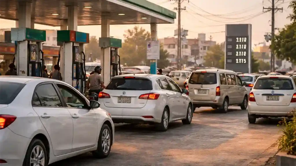 Vehicles waiting at a busy petrol station in Pakistan during daylight, showing public response to changing fuel prices