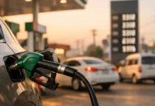 Fuel nozzle inserted into a car at a petrol station in Pakistan during golden hour, representing today’s petrol price update