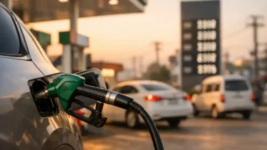 Fuel nozzle inserted into a car at a petrol station in Pakistan during golden hour, representing today’s petrol price update