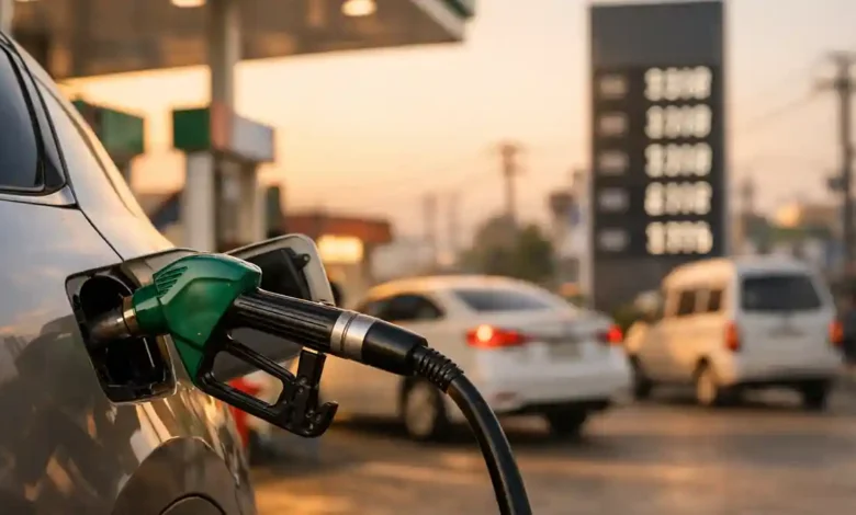 Fuel nozzle inserted into a car at a petrol station in Pakistan during golden hour, representing today’s petrol price update