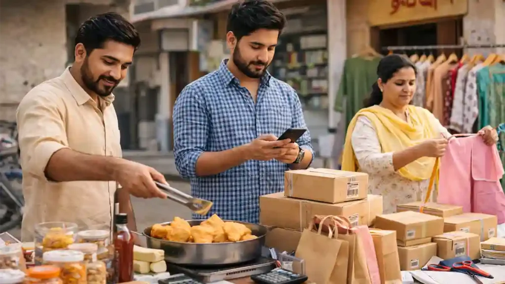 Pakistani small business owners in a Punjab market with food stall, tailoring work, delivery boxes, and smartphone based business activity