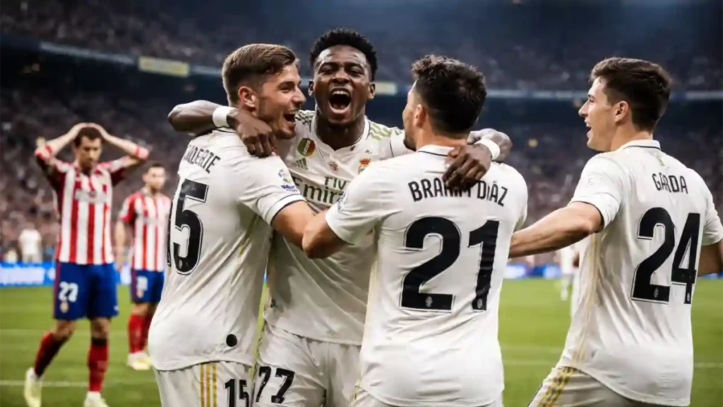 Real Madrid players celebrate a crucial goal while Atlético Madrid players react in the background at Santiago Bernabéu