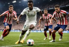 Real Madrid attacker dribbles past Atlético Madrid defenders during a high-intensity match at Santiago Bernabéu