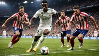 Real Madrid attacker dribbles past Atlético Madrid defenders during a high-intensity match at Santiago Bernabéu