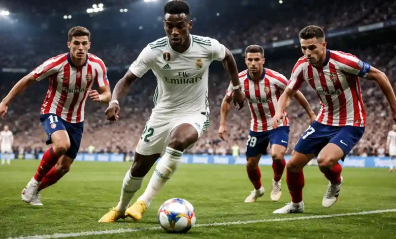 Real Madrid attacker dribbles past Atlético Madrid defenders during a high-intensity match at Santiago Bernabéu