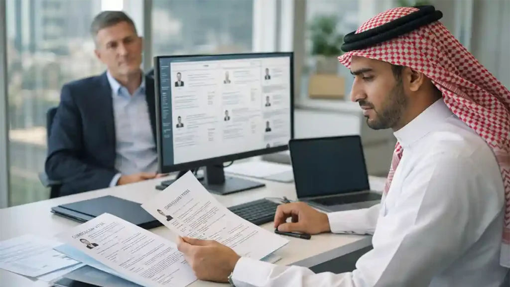 Saudi HR professional reviewing job applications with an expat candidate in a modern office during Saudization hiring process