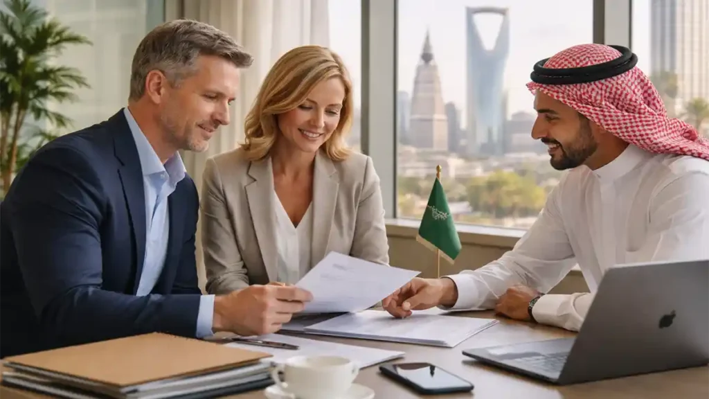 Expats meeting a Saudi consultant in a modern Riyadh office about Premium Residency options