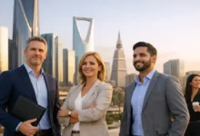 Professional expats standing in Riyadh with modern skyline for a Saudi Premium Residency update article