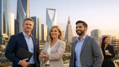 Professional expats standing in Riyadh with modern skyline for a Saudi Premium Residency update article