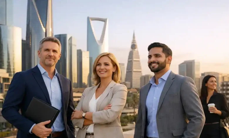 Professional expats standing in Riyadh with modern skyline for a Saudi Premium Residency update article