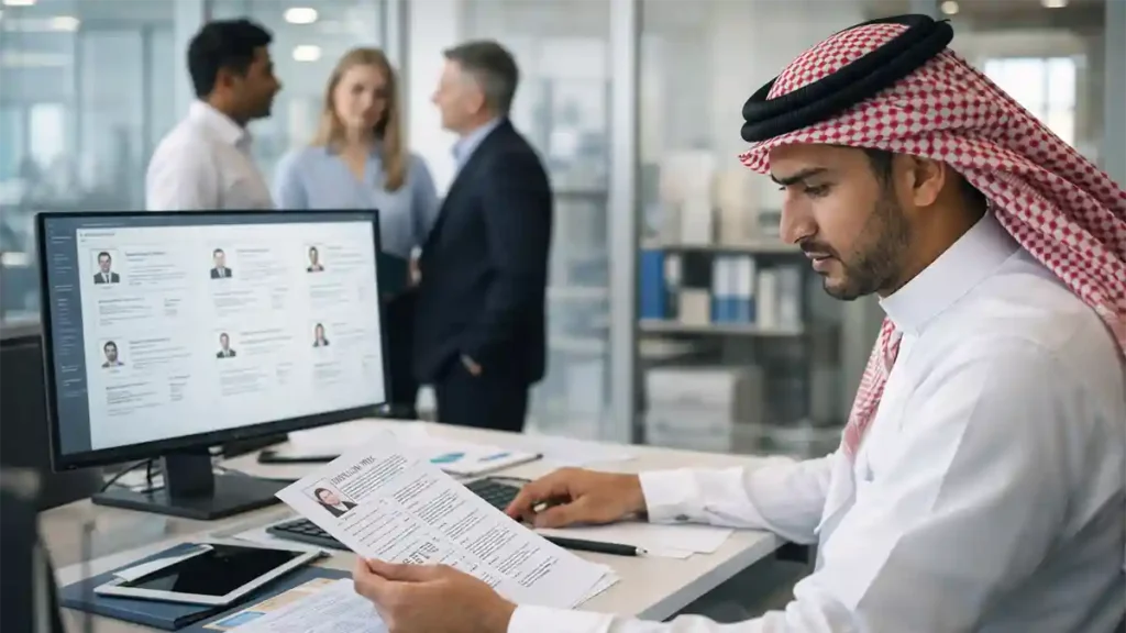 Saudi manager reviewing workforce compliance documents with Saudi and expat staff in a modern office in Saudi Arabia