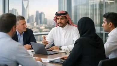 Saudi employer meeting with expat professionals in a modern Riyadh office discussing Saudization updates, hiring, and workforce planning