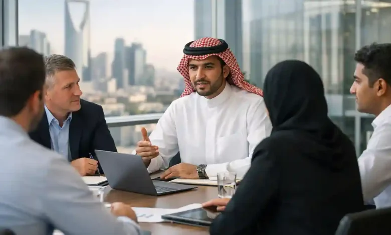 Saudi employer meeting with expat professionals in a modern Riyadh office discussing Saudization updates, hiring, and workforce planning