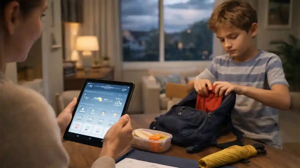 Parent checking tomorrow’s weather forecast on a tablet while helping a child pack a school bag at home in the evening