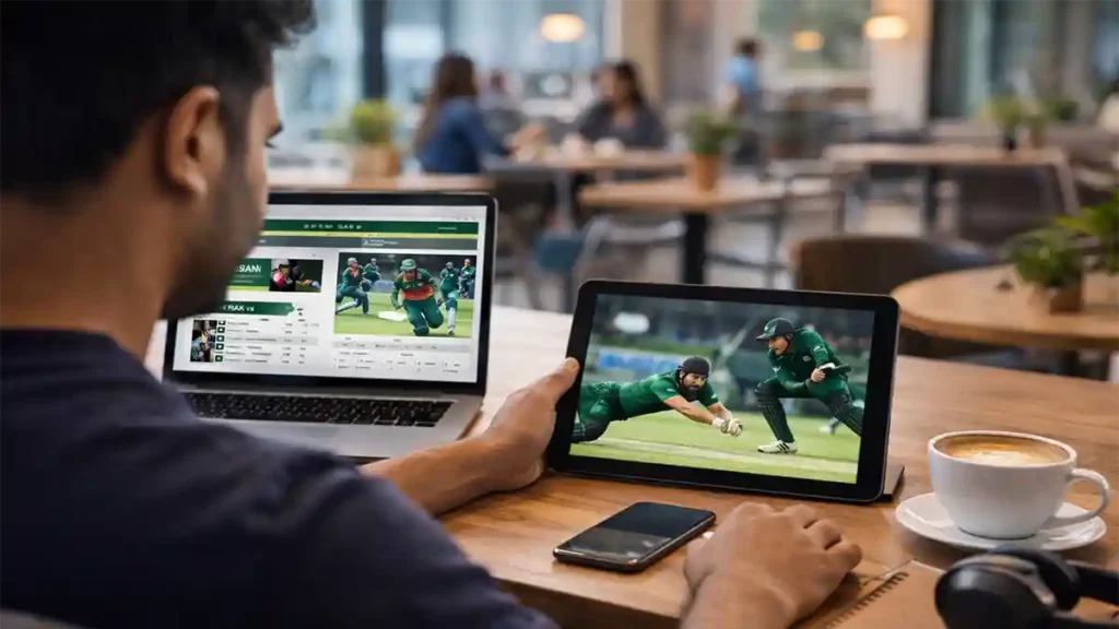 Cricket fan watching Pakistan vs Bangladesh highlights on a tablet in a café with laptop and coffee on the table