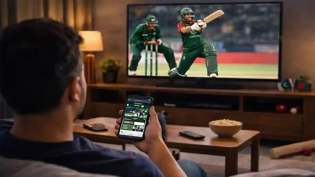 Cricket fan watching Pakistan vs Bangladesh highlights on a smart TV while holding a smartphone in a modern living room