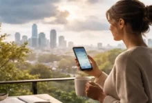 Woman checking tomorrow’s weather forecast on a smartphone while standing by a balcony window with a city skyline in the background