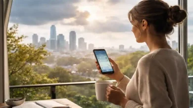 Woman checking tomorrow’s weather forecast on a smartphone while standing by a balcony window with a city skyline in the background