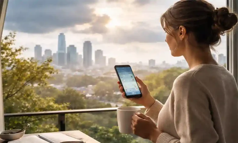 Woman checking tomorrow’s weather forecast on a smartphone while standing by a balcony window with a city skyline in the background