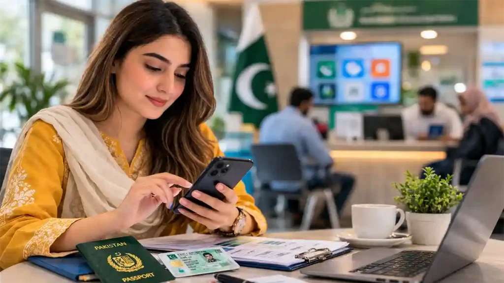 Pakistani woman using smartphone for government app services in a public service center waiting area