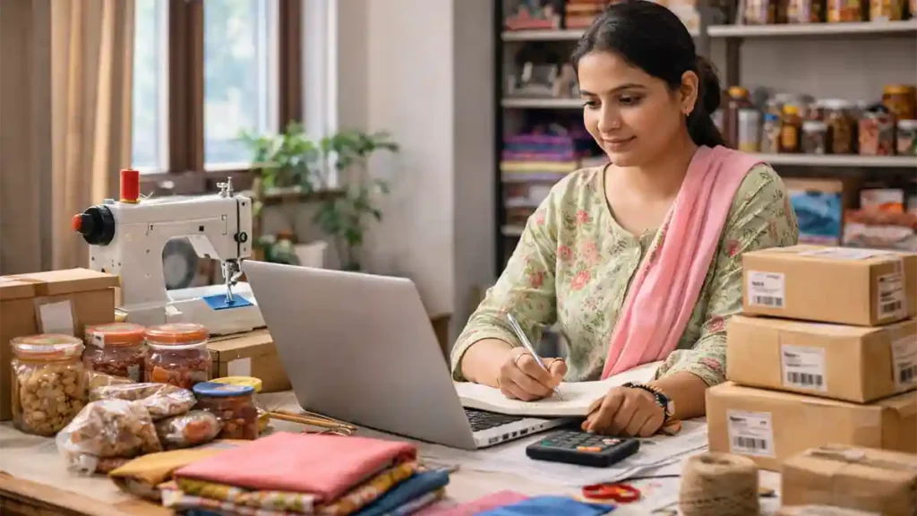 Young Pakistani woman running a home based small business in Punjab with sewing machine, packaged products, laptop, and shipping parcels