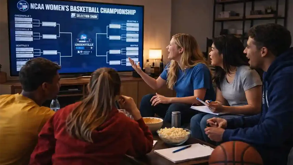 Young fans watching the Women’s March Madness bracket announcement on TV in a living room with snacks and a basketball