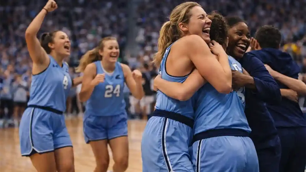Women’s college basketball players celebrating an emotional March Madness tournament victory on the court