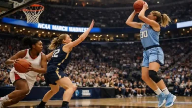 Women’s college basketball players competing in a high-energy March Madness tournament game inside a packed indoor arena