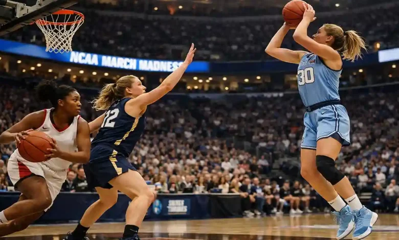 Women’s college basketball players competing in a high-energy March Madness tournament game inside a packed indoor arena