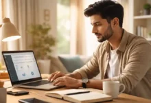 Young Pakistani freelancer working on a laptop at a clean home office desk with notebook, coffee cup, and natural daylight