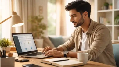 Young Pakistani freelancer working on a laptop at a clean home office desk with notebook, coffee cup, and natural daylight