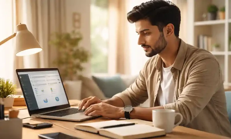 Young Pakistani freelancer working on a laptop at a clean home office desk with notebook, coffee cup, and natural daylight