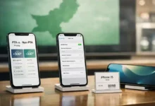 Latest iPhone models displayed in a modern phone store in Pakistan with a visual comparison of PTA and non-PTA pricing
