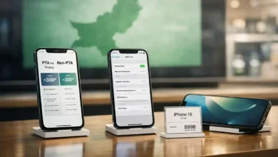 Latest iPhone models displayed in a modern phone store in Pakistan with a visual comparison of PTA and non-PTA pricing