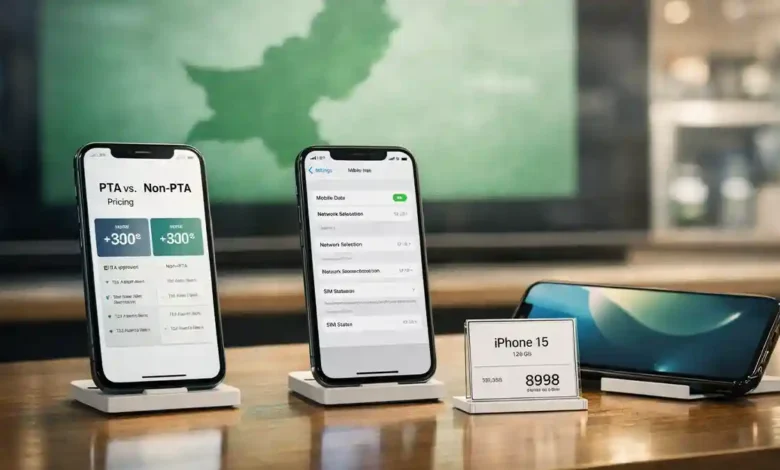 Latest iPhone models displayed in a modern phone store in Pakistan with a visual comparison of PTA and non-PTA pricing